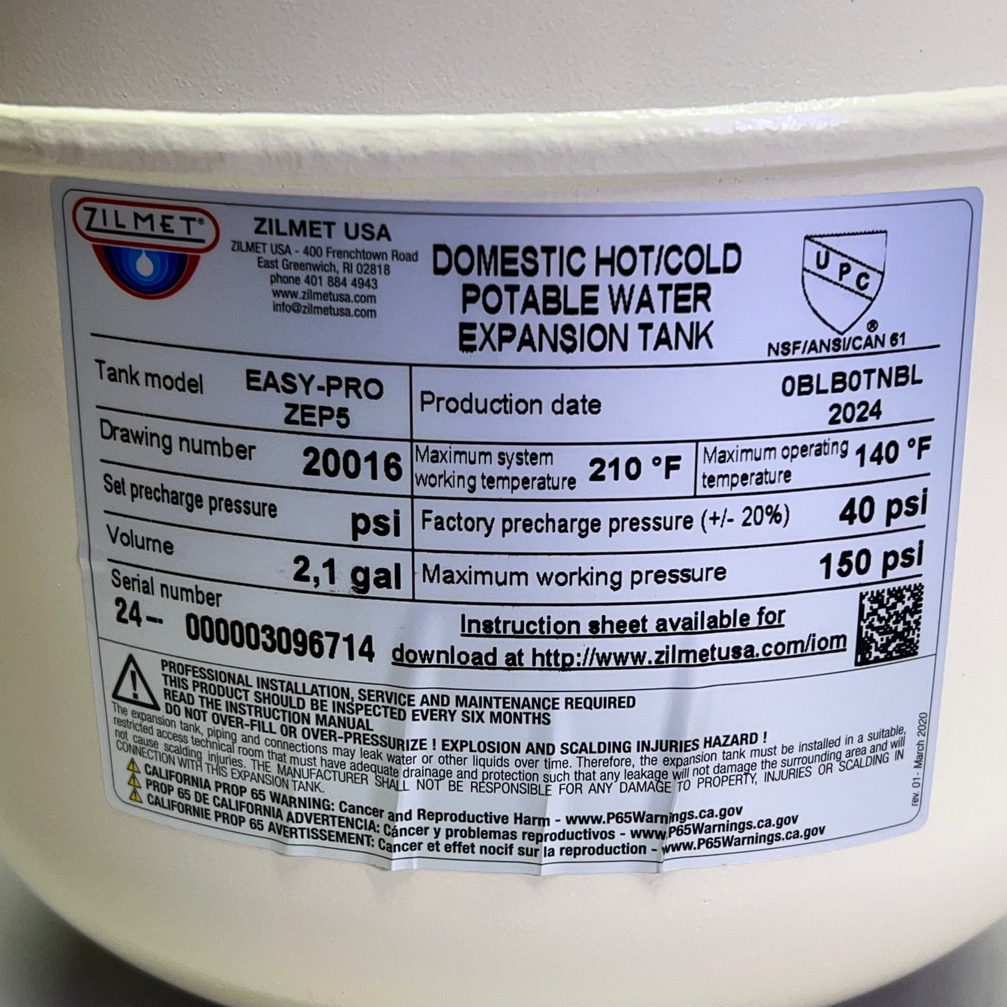 ZILMET Domestic Hot/Cold Potable Water Expansion Tank 2.1 Gal 3/4" NPT EASY PRO