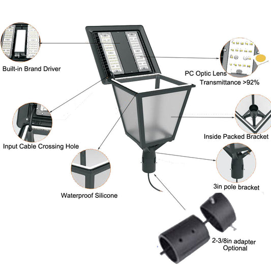 30W 60W LED Post Top Lantern Light with Dusk to Dawn Photocell CCT Tunable 3000K 4000K 5000K Outdoor Area Pole Light Fixture for Garden ETL DLC Listed