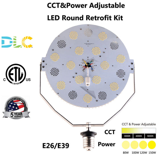 80W 100W 120W 150W LED Retrofit Kits CCT Tunable 3000K 4000K 5000K 100-277V E26 E39 Base for Parking Lot Shoebox Lights Replace, ETL DLC Listed