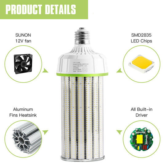 80W 100W 120W 160W 200W 250W 300W 5000K Daylight E39 Large Mogul Base LED Corn Light Bulb, High Voltage Optional for Garage Warehouse UL DLC Listed