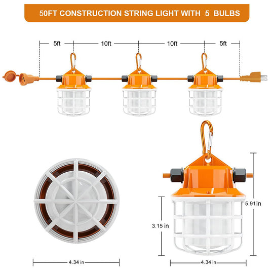 50FT LED Construction String Lights, 50W 5000lm Waterproof Outdoor String Temporary Work Light with 5 Bulbs and Climbing Hook for Jobsite, ETL Listed