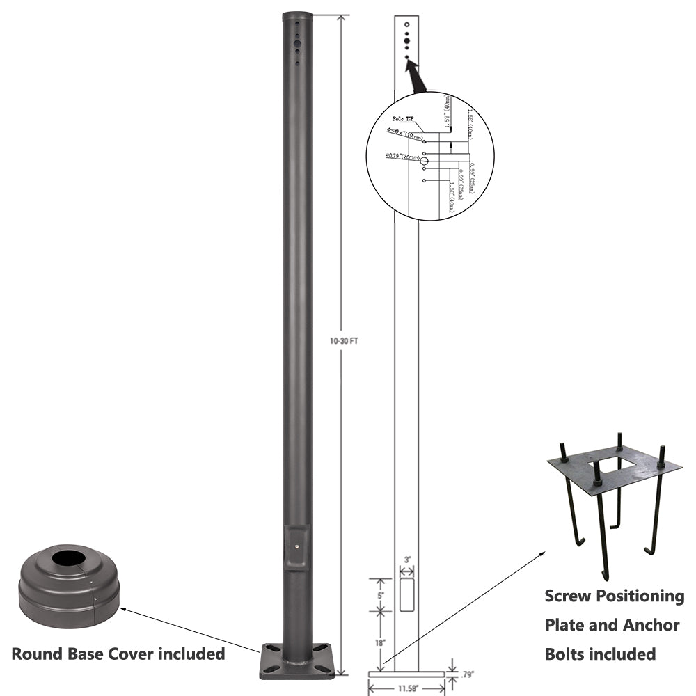 Round Straight Steel Poles 3in 4in 5in 10ft 15ft 20ft 25ft 30ft Heavy Duty Steel Light Poles for LED Parking Lot Area Lighting, Accessories Included