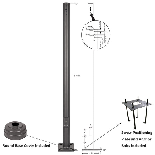 Round Straight Steel Poles 3in 4in 5in 10ft 15ft 20ft 25ft 30ft Heavy Duty Steel Light Poles for LED Parking Lot Area Lighting, Accessories Included