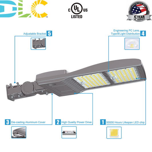 LED Parking Lot Area Light 240W 320W 140LM/W 5000K Shoebox Lights Waterproof Commercial Street Lighting Fixture, High Voltage Optional UL DLC Listed