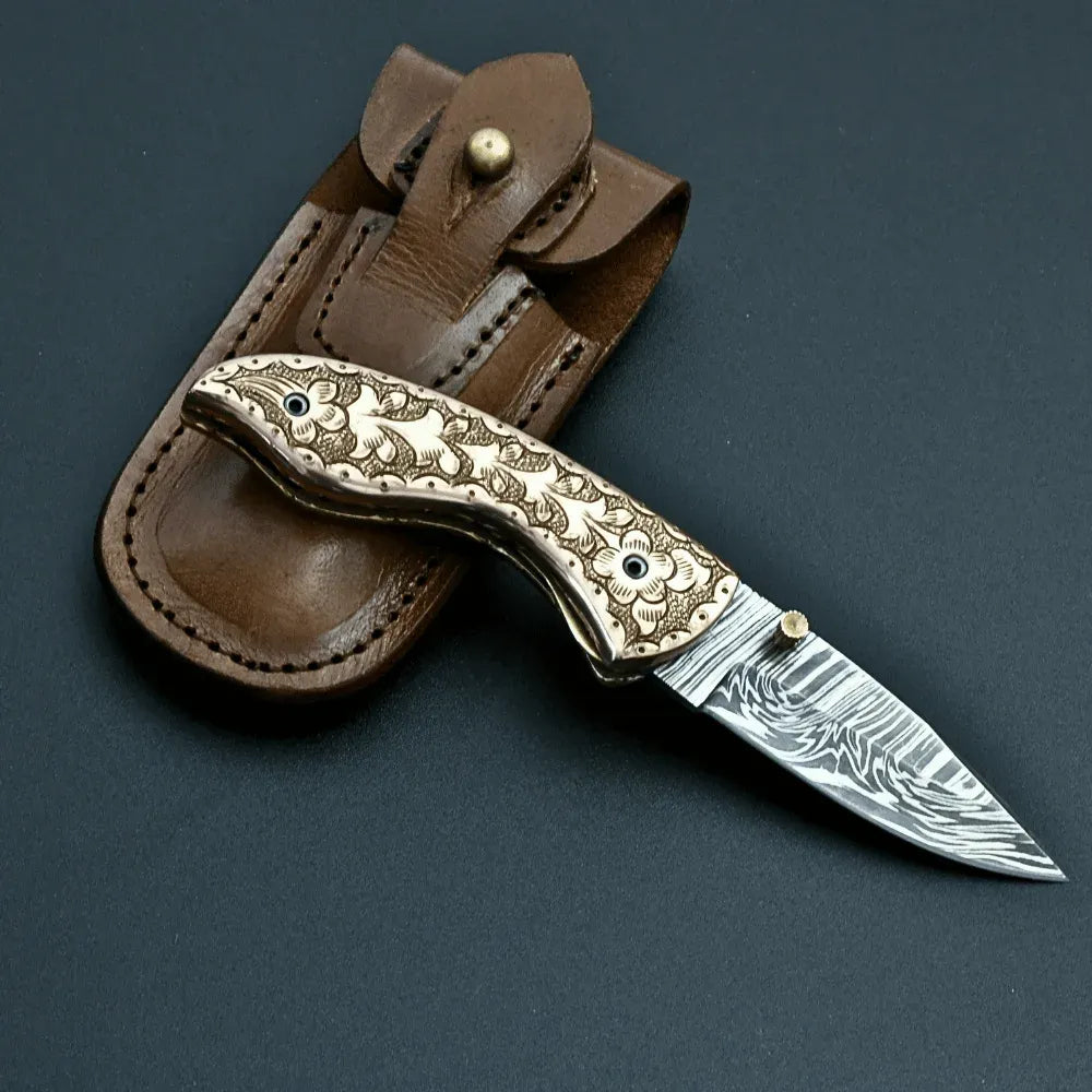Pixel Copper Damascus Pocket Knife with Engraved Copper Handle