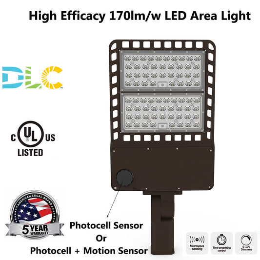 100W 150W 200W 300W 5000K LED Parking Lot Area Light with Photocell & Motion Sensor,1-10V Dim Shoebox Lights, High Voltage Optional UL DLC Listed