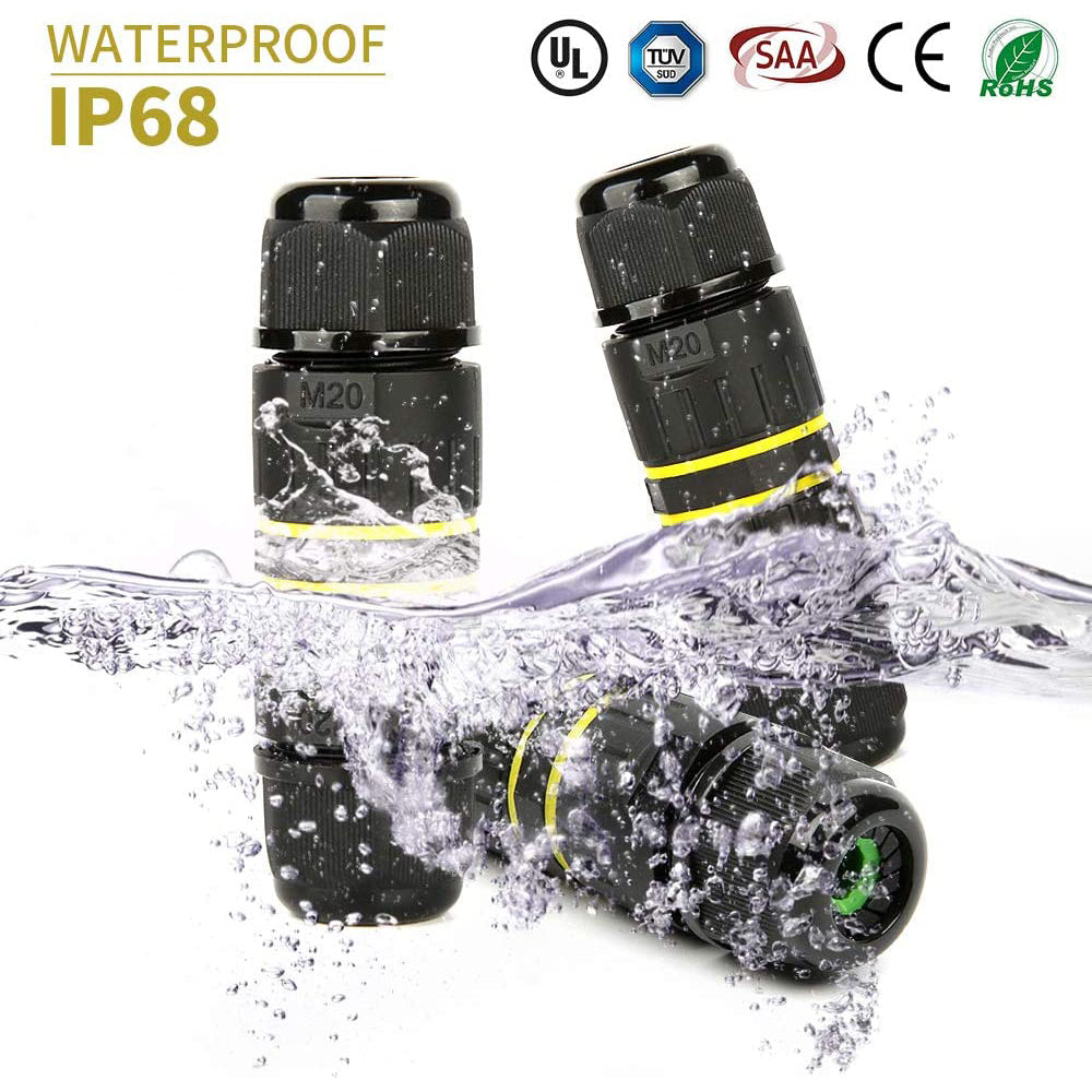 Wire Connector Waterproof IP68 External Electrical Junction Box, M20 Straight Joint for Ø5-12mm Wire Range(AC 400V, 24A), 2 Way 3Pin, UL-2Pack