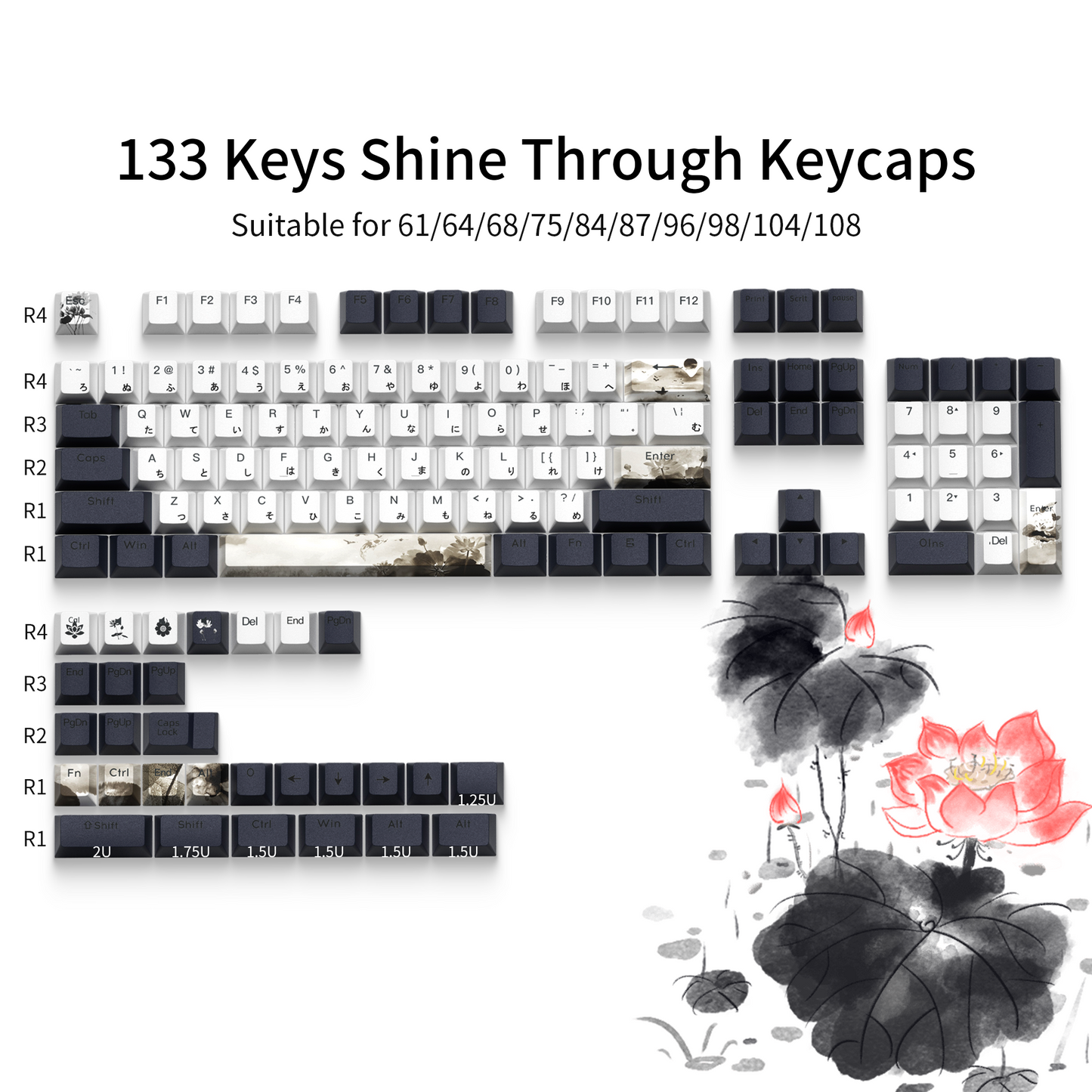 XVX  Lotus Cherry Profile Shine Through Double shot  5-sided Dye-Sub PBT Keycap Set (133-Key)