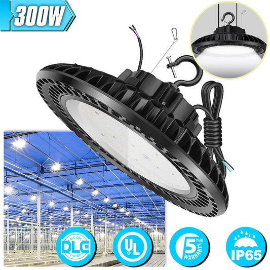 LED High Bay Lights 300W 42000LM 5000K 1-10V Dim IP65 Waterproof UFO Warehouse Workshop Factory Barn Garage Area Lighting Fixture UL DLC Listed