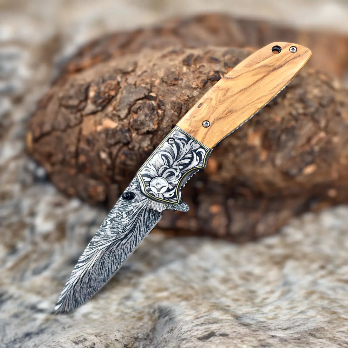 Vertex Damascus Pattern Pocket Knife with Exotic Olive Wood Handle