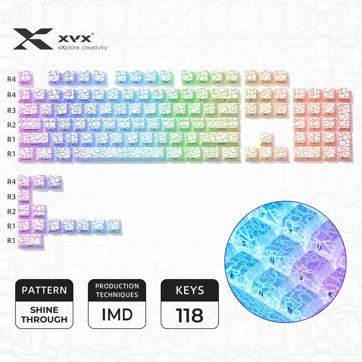 XVX Ice Crack series Pattern Shine-Through OEM Profile IMD-Tech Keycap Set