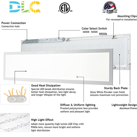 1x4 FT LED Ceiling Panel Light, 40W 4000K 5000K 6500K CCT Tunable 5200LM 100-277V 0-10V Dimmable Flat Backlit Fixture ETL DLC Listed-4 Pack