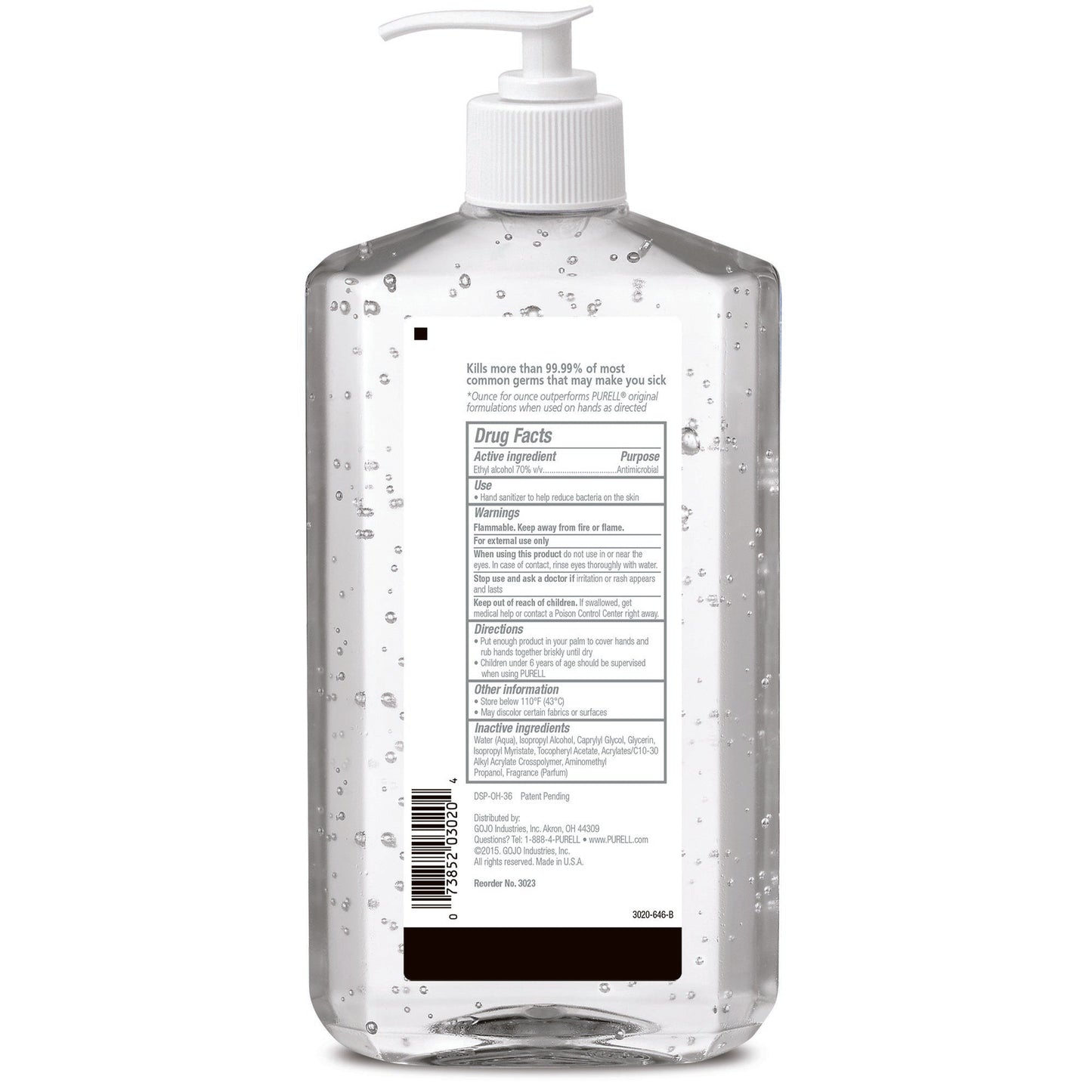 Purell Advanced Hand Sanitizer 70% Ethyl Alcohol Gel, Pump Bottle, 20 oz 3023-12