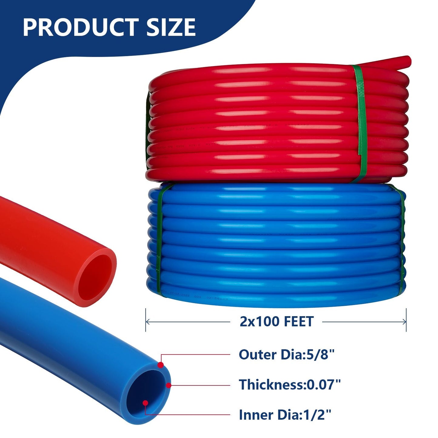 1/2" 2 x100ft, 200ft PEX-A Tubing (Blue & Red), 1/2" Poly Expansion Elbow & Tee & Coupler (15 PCS), 1/2" Expansion Rings (50 PCS), 1/2" J Clamp (50 PCS), Pipe Cutter (1/2")
