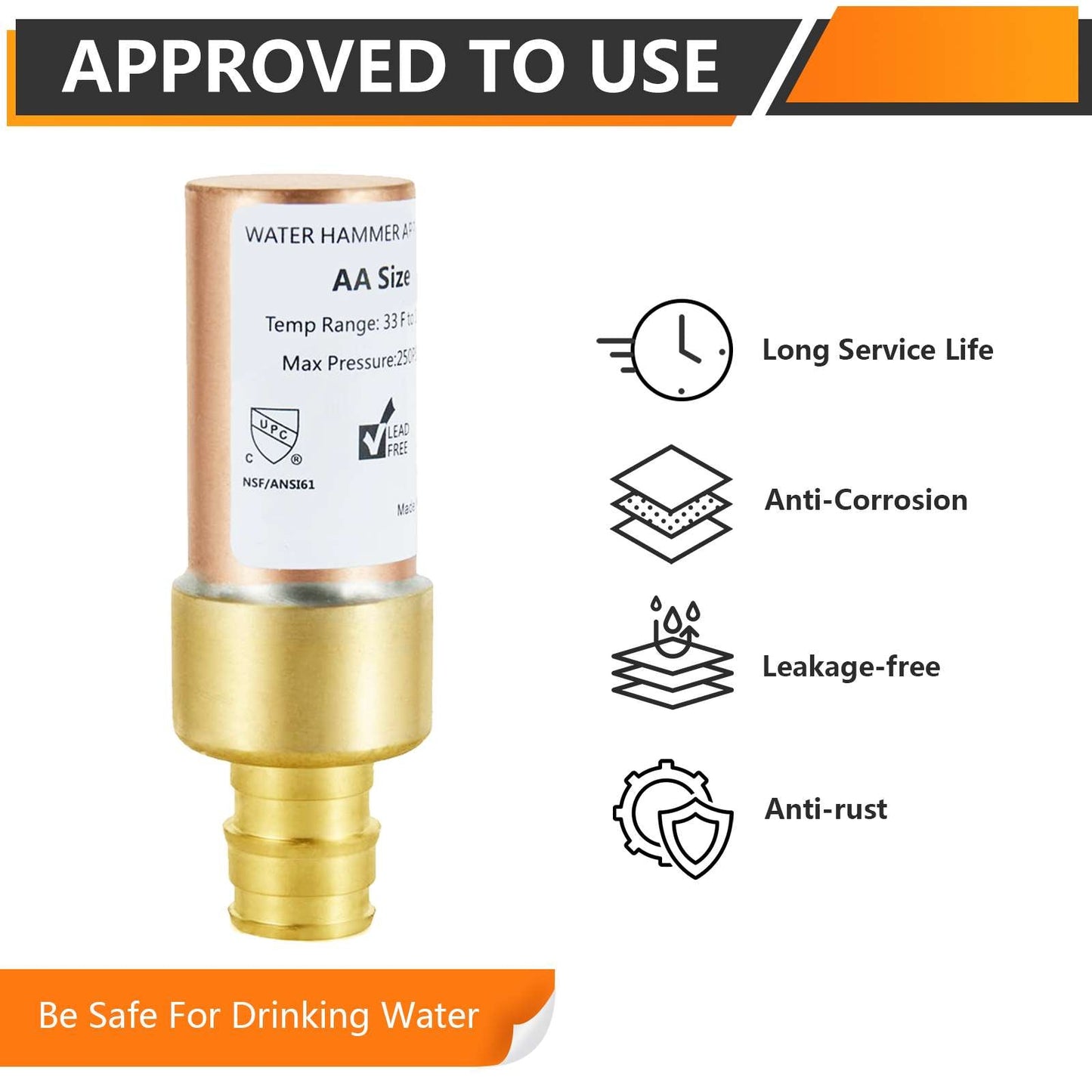 1/2" PEX-A Expansion Connection, Straight Water Hammer Arrestor, Copper
