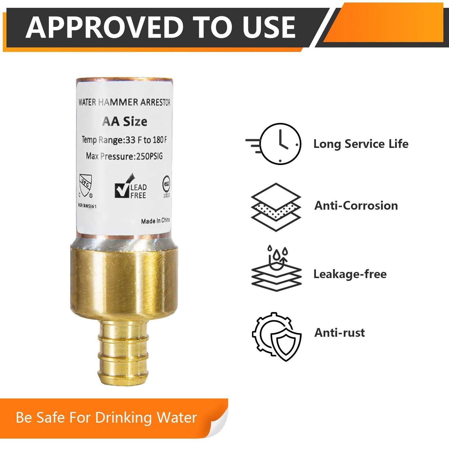1/2" PEX Crimp Connection F1807, Straight Water Hammer Arrestor, Copper