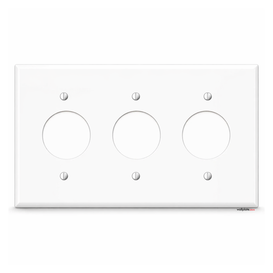 3-Gang, Standard Size, 3 Round Receptacle Opening, White Semi-Gloss Metal Wall Plate Cover -  Made in USA