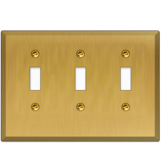 3-Gang, Standard Size, 3 Toggle Switch, Satin Finish Brass Metal Wall Plate Switch Cover -  Made in USA