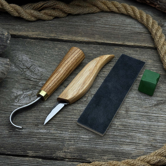 3-Piece Wood Carving Knife Set – Whittling Knife, Hook Knife & Leather Strop