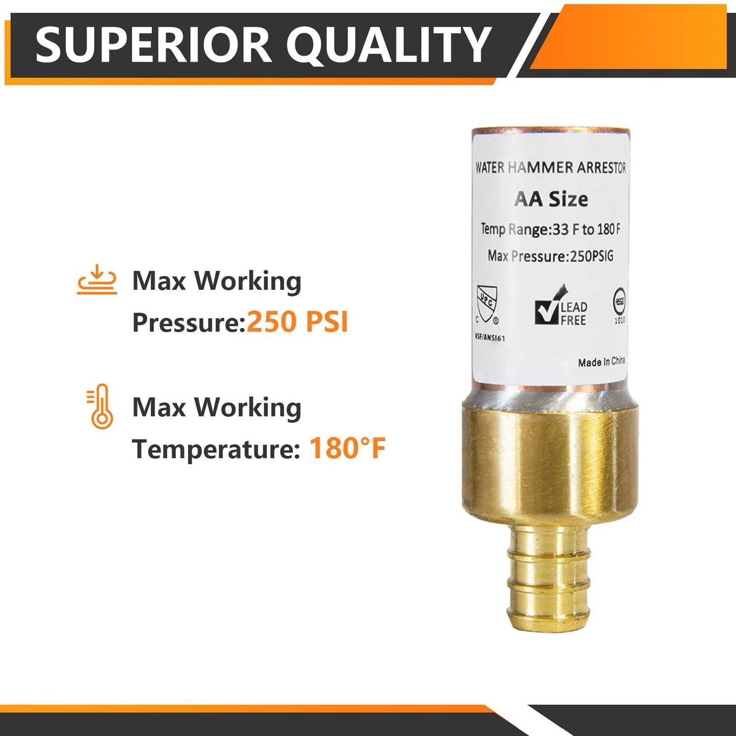 1/2" PEX Crimp Connection F1807, Straight Water Hammer Arrestor, Copper