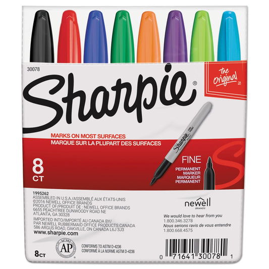 Sharpie Fine Tip Permanent Marker, Fine Bullet Tip, Assorted Colors, 8/Set