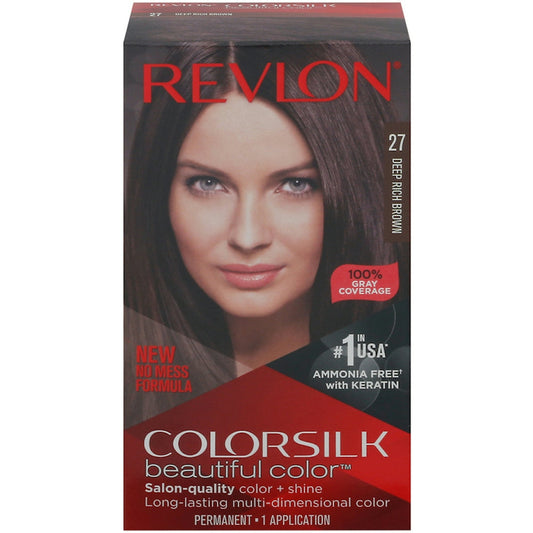 Revlon ColorSilk Beautiful Color Permanent Hair Dye, 27 Deep Rich Brown – Ammonia-Free with 100% Gray Coverage