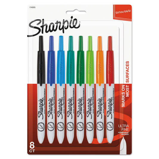 Sharpie Retractable Permanent Marker, Extra-Fine Needle Tip, Assorted Colors, 8/Set