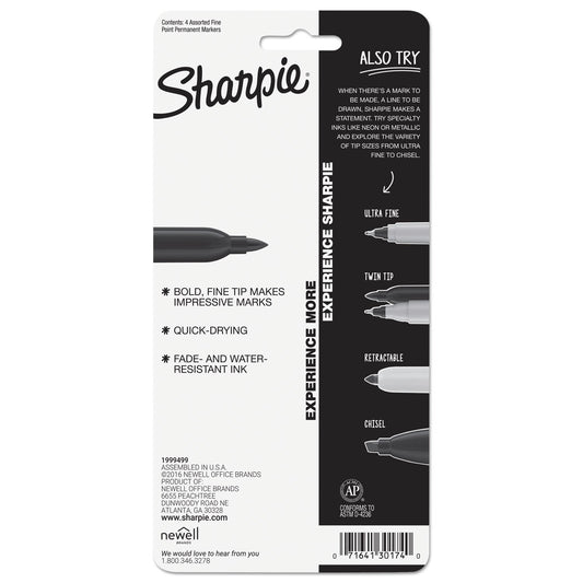 Sharpie Fine Tip Permanent Marker, Fine Bullet Tip, Assorted Colors, 4/Set