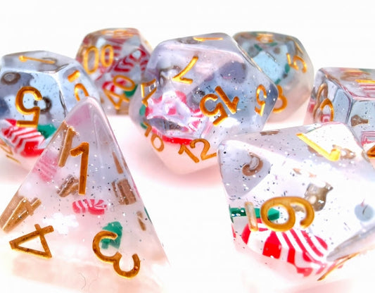 Red & White Stocking Inclusion with Frost and Tree 7-Dice Set RPG DND