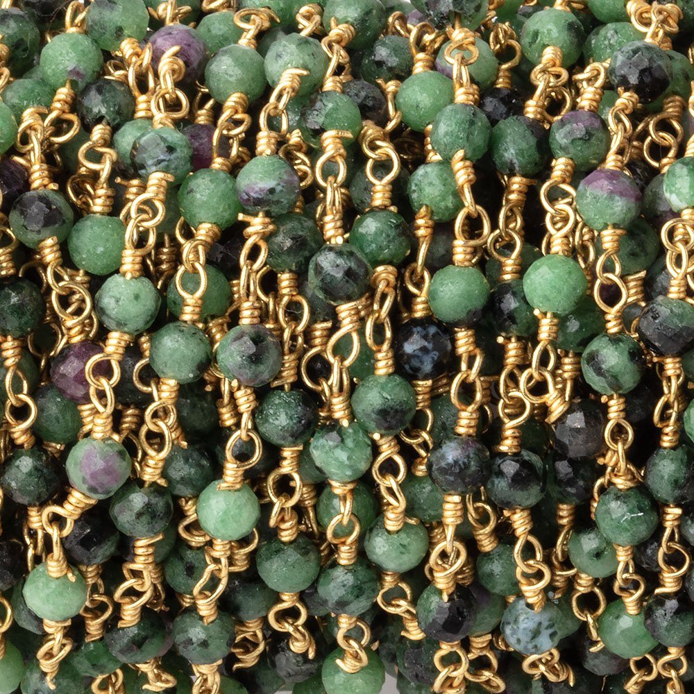 3.5mm Ruby in Zoisite Micro Faceted Rounds on Gold Plated Chain