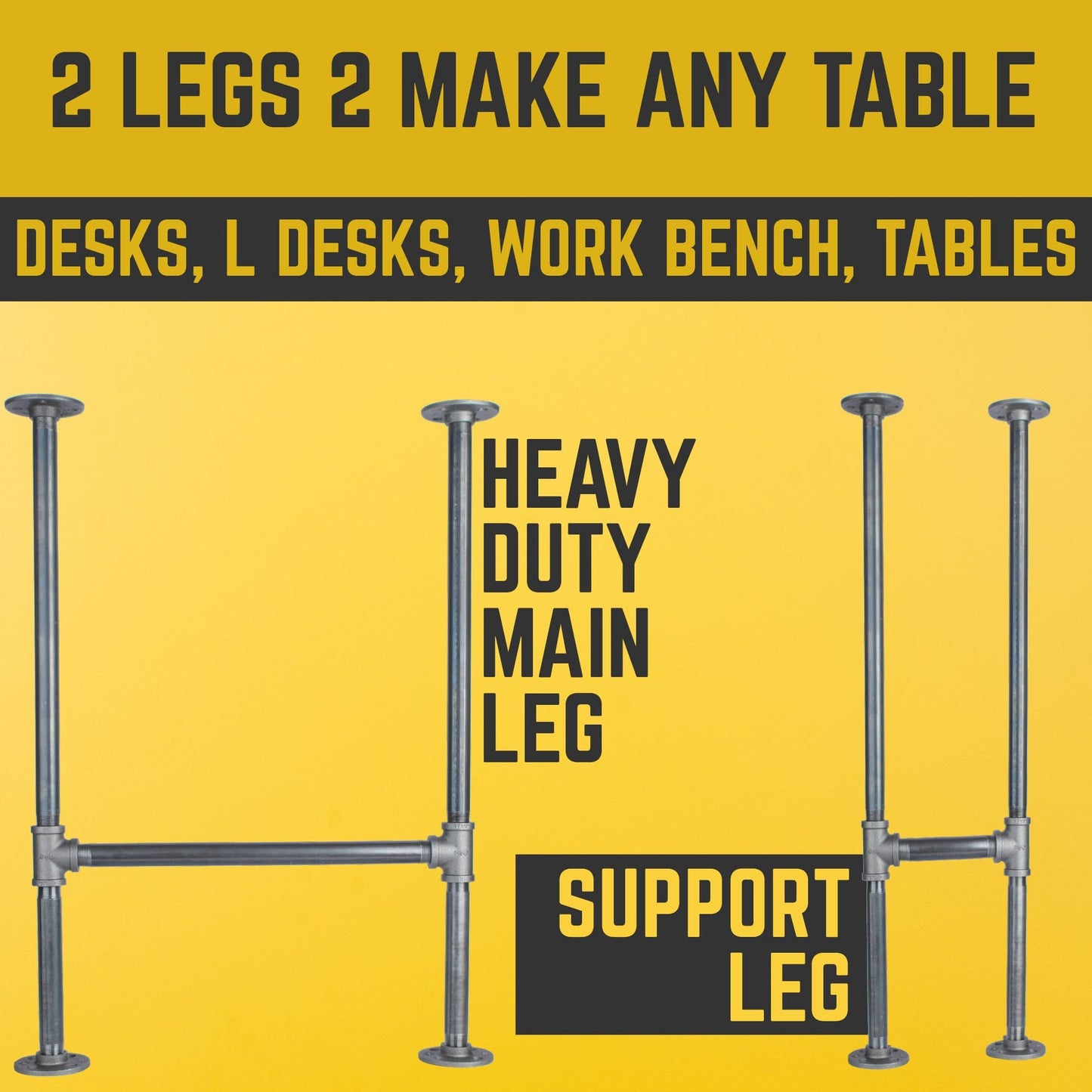 1 in. Heavy Duty H Round Flange Pipe Desk Legs - 2 Pack