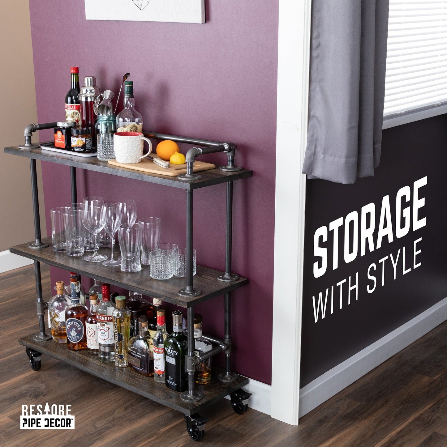 Three-tier Wood Shelf Industrial Bar Cart with Locking Wheels, Trail Brown
