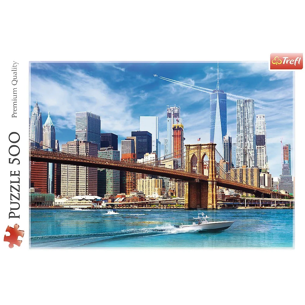 500 Piece Jigsaw Puzzles, View of New York, Puzzle of the USA, City Skyline Puzzle, New York Harbor and Bridge Puzzle, Adult Puzzles, Trefl 37331
