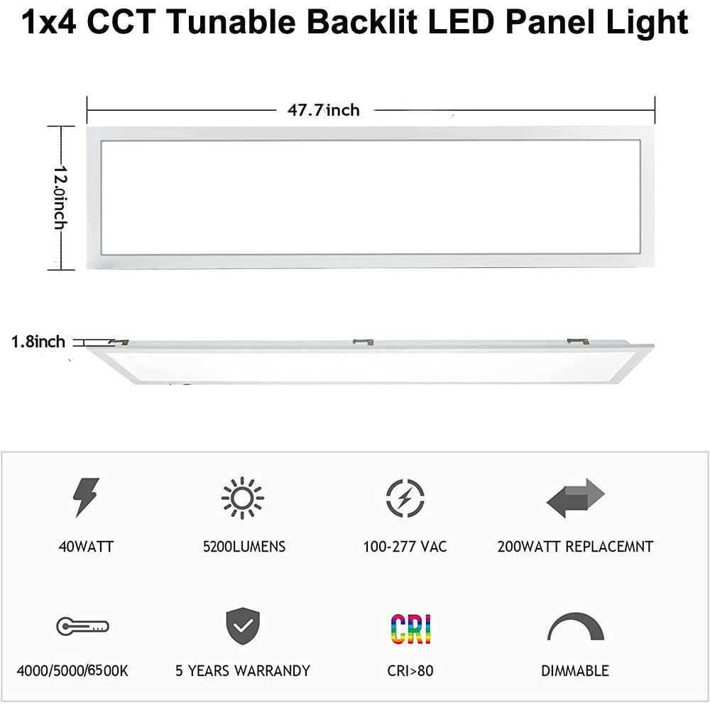 1x4 FT LED Ceiling Panel Light, 40W 4000K 5000K 6500K CCT Tunable 5200LM 100-277V 0-10V Dimmable Flat Backlit Fixture ETL DLC Listed-4 Pack