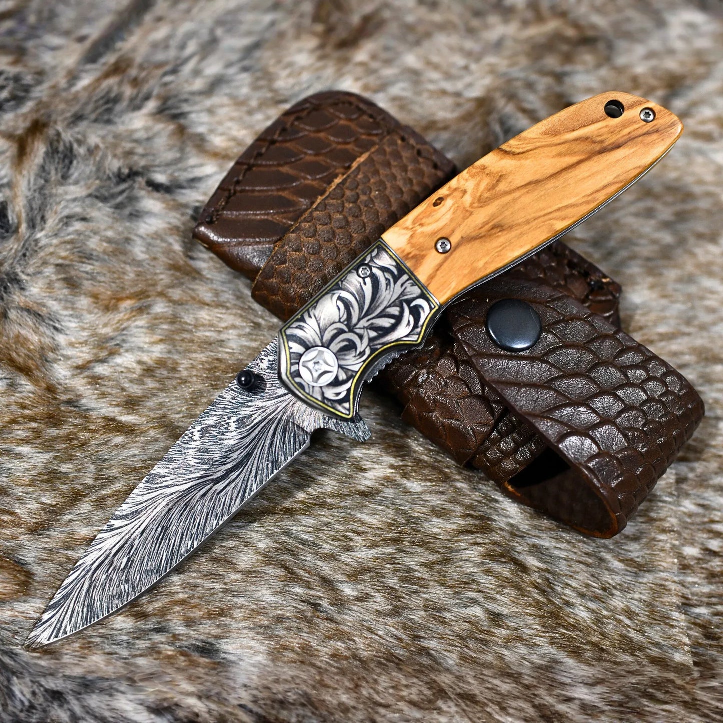 Vertex Damascus Pattern Pocket Knife with Exotic Olive Wood Handle