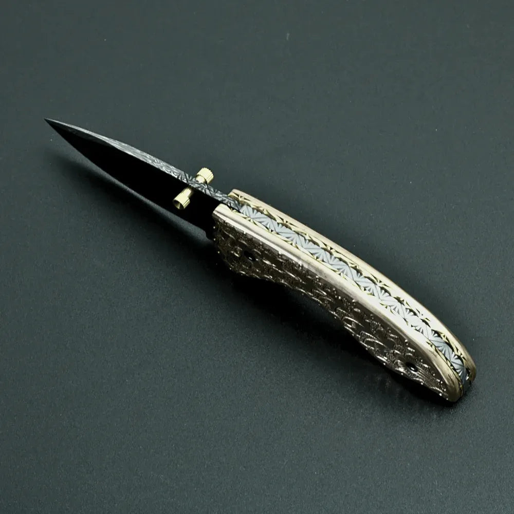 Pixel Copper Damascus Pocket Knife with Engraved Copper Handle