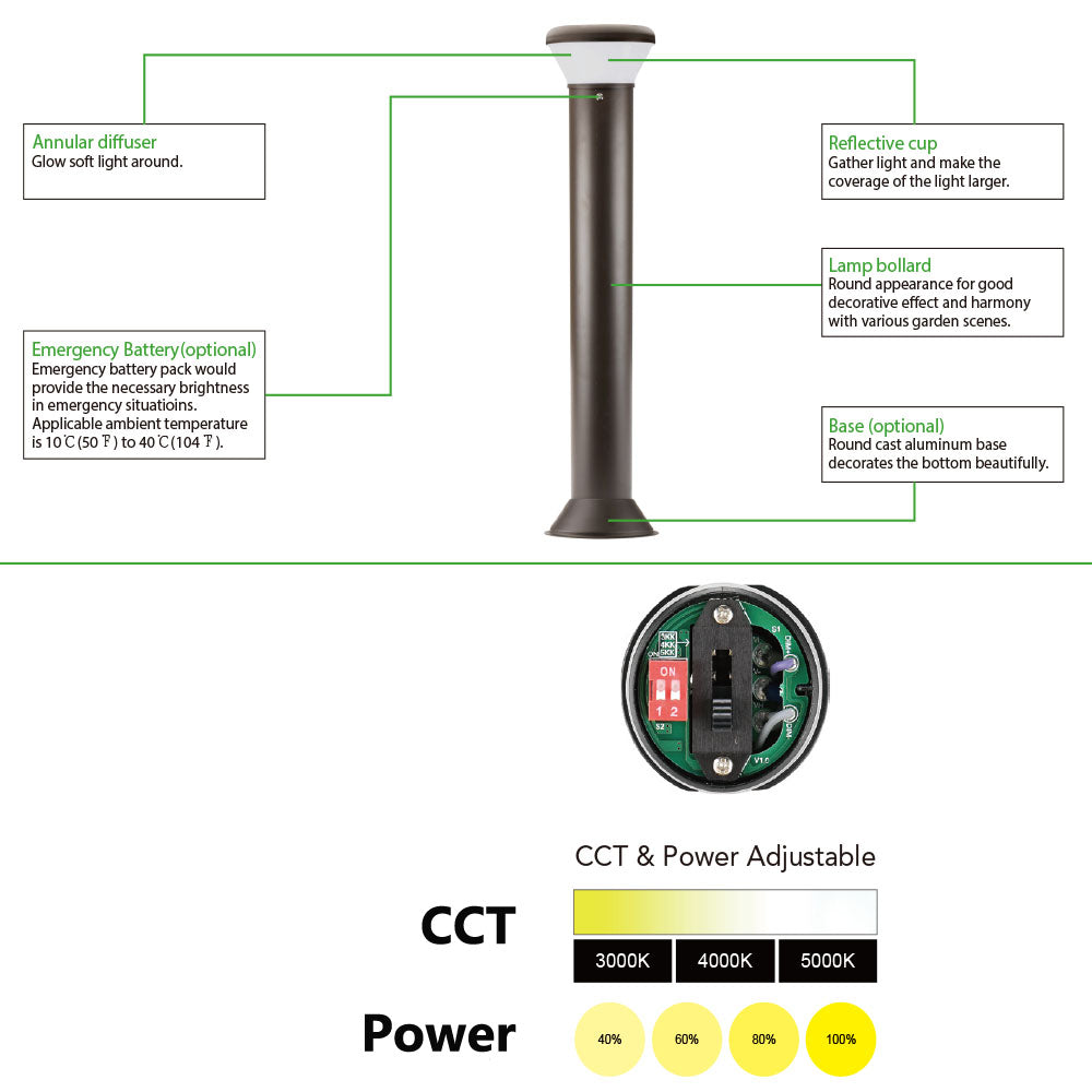 10-26W Tunable LED Bollard Lights 3000K 4000K 5000K Tunable 120-277V 3.5ft Height 1-10V Dimmable IP65 Commercial Landscape Path Light UL DLC Listed