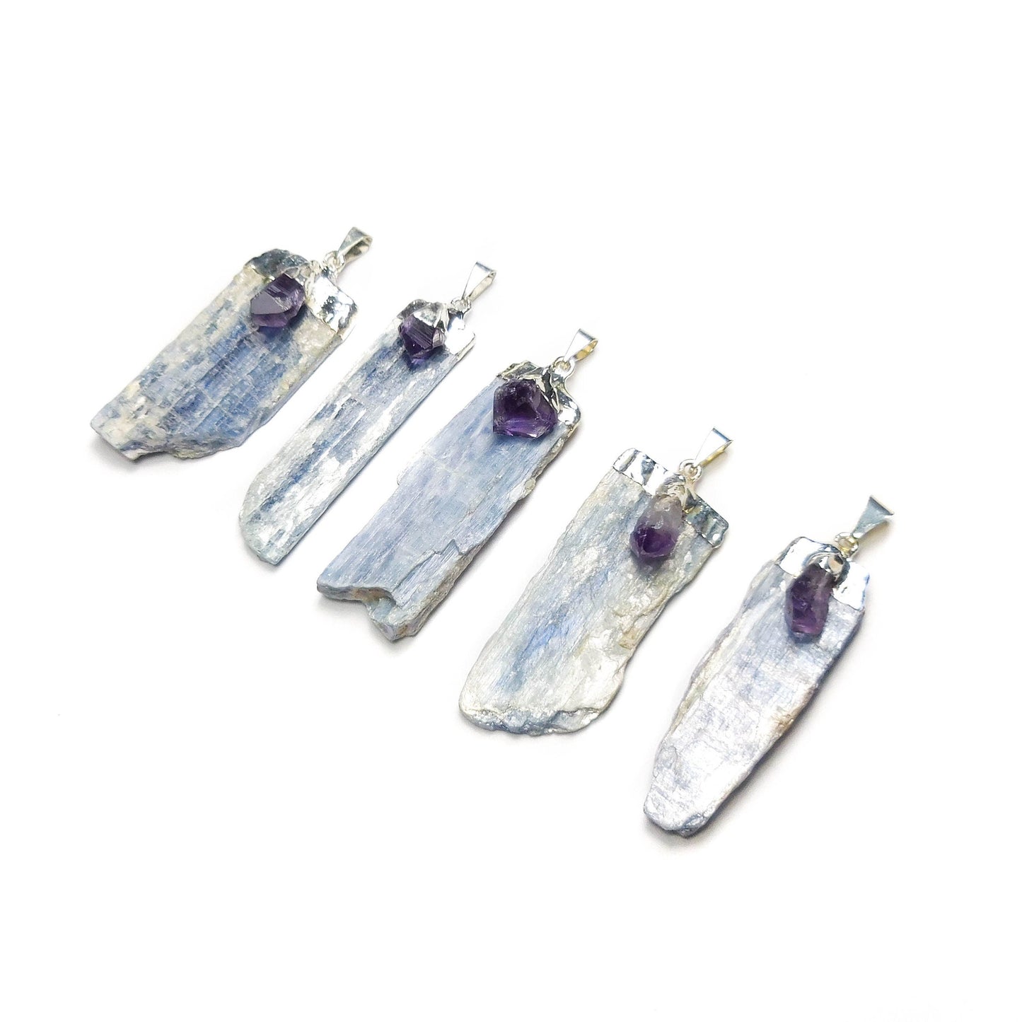 Kyanite Amethyst Crystal Point Pendant (Silver Plated) Gemstone Jewelry Necklace Supply