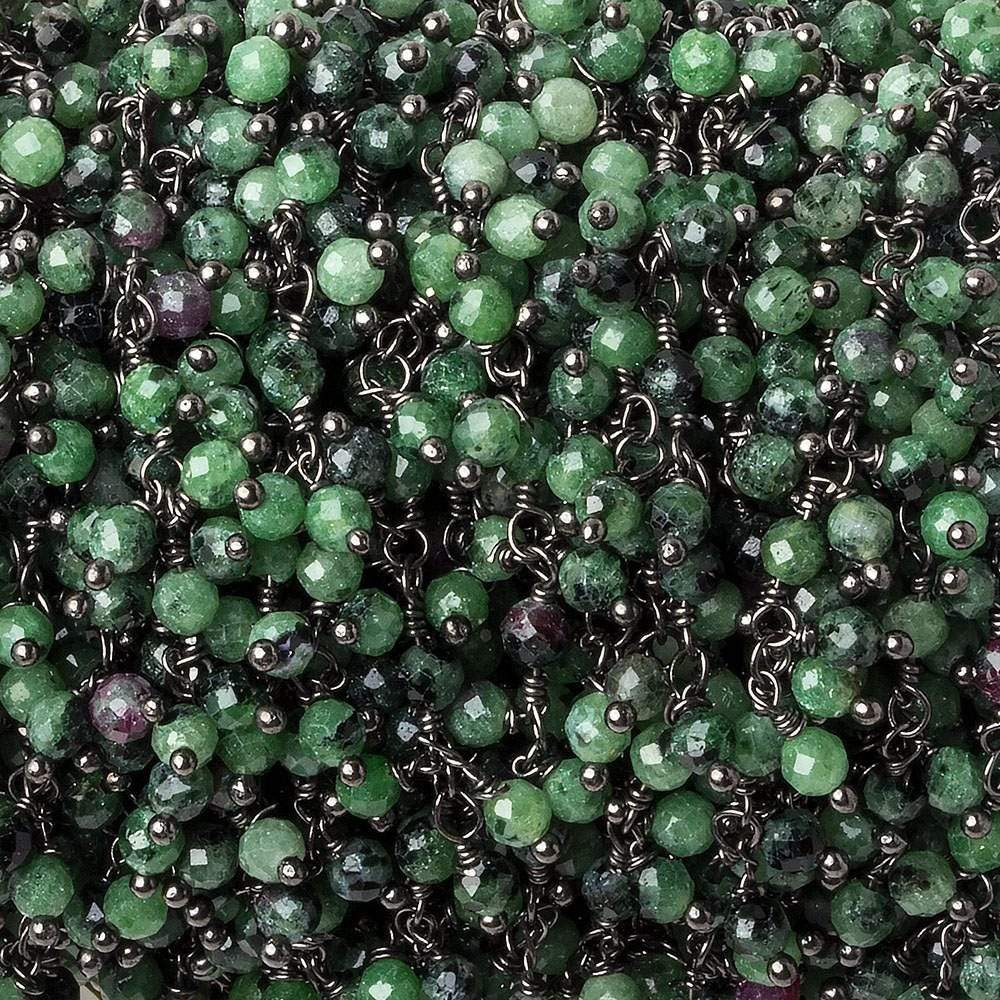 3mm Ruby in Zoisite micro-faceted round Black Gold Dangling Chain by the foot