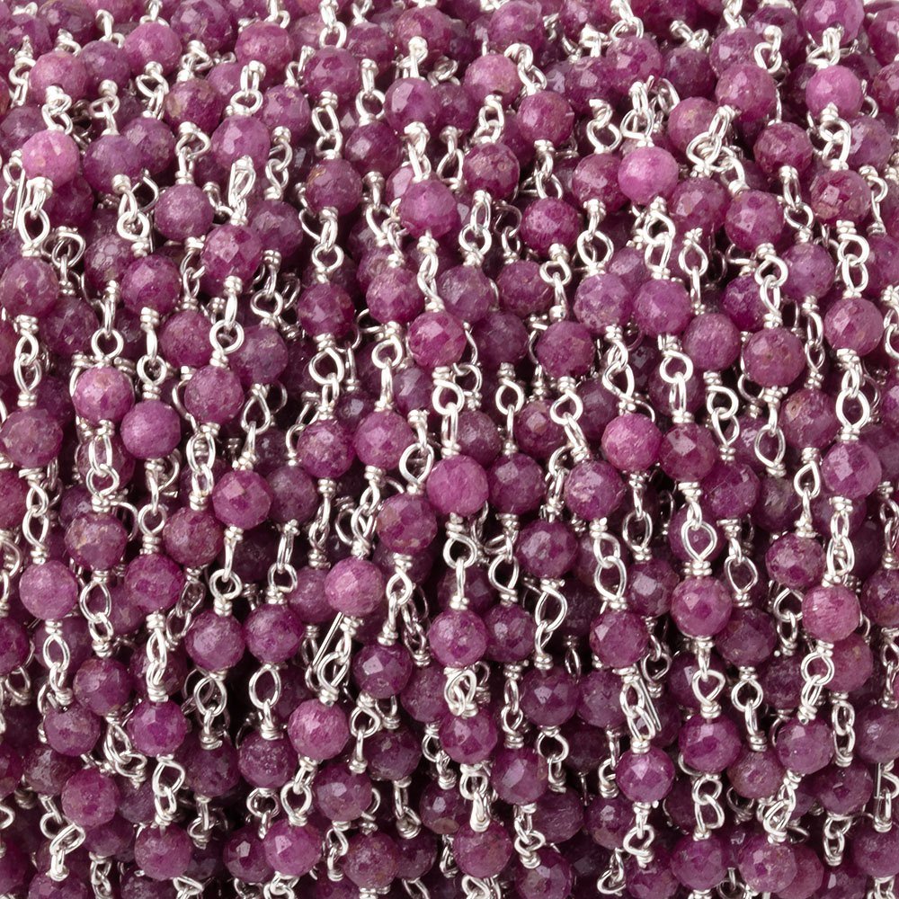 3mm Ruby Micro Faceted Rounds on Silver Plated Chain