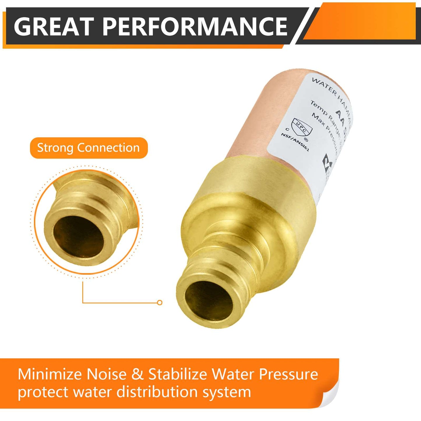 1/2" PEX-A Expansion Connection, Straight Water Hammer Arrestor, Copper