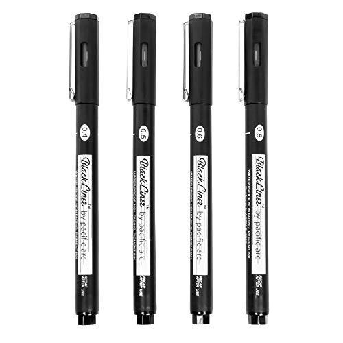 Pacific Arc Blackliner Black Fineliner Pens, Set of 4 Differently Sized Broad Drawing Pens for Artists, Sketching Pens, Journaling Pens, Hand Lettering Pens, and Calligraphy Pens