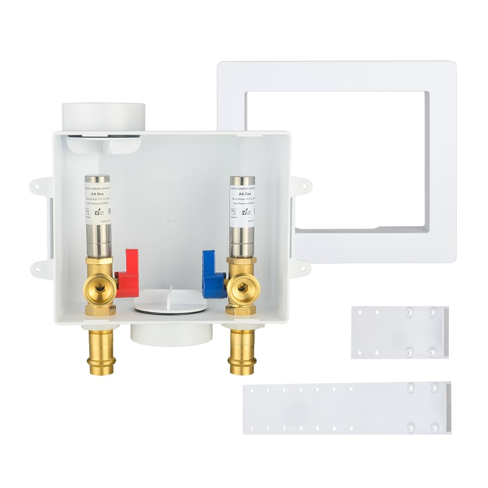 1/2" Copper Press Inlet, Washing Machine Outlet Box, with SS Water Hammer Arrestor, Center Drain