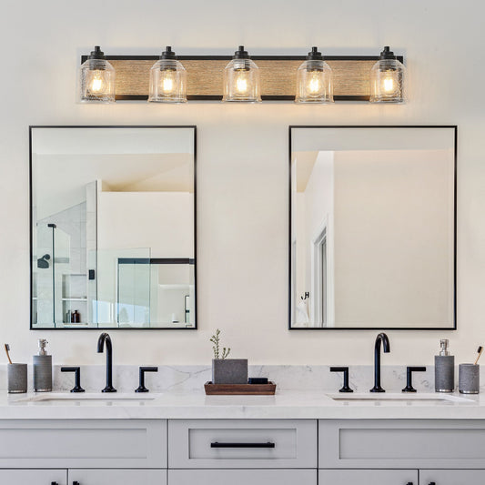 Farmhouse Vanity Light Fixture, 5-Light Bathroom Wall Sconce with Clear Seeded Glass Shades, Rustic Black Finish with Wood Backplate, Modern Industrial Design for Bathroom or Powder Room (No Bulbs)