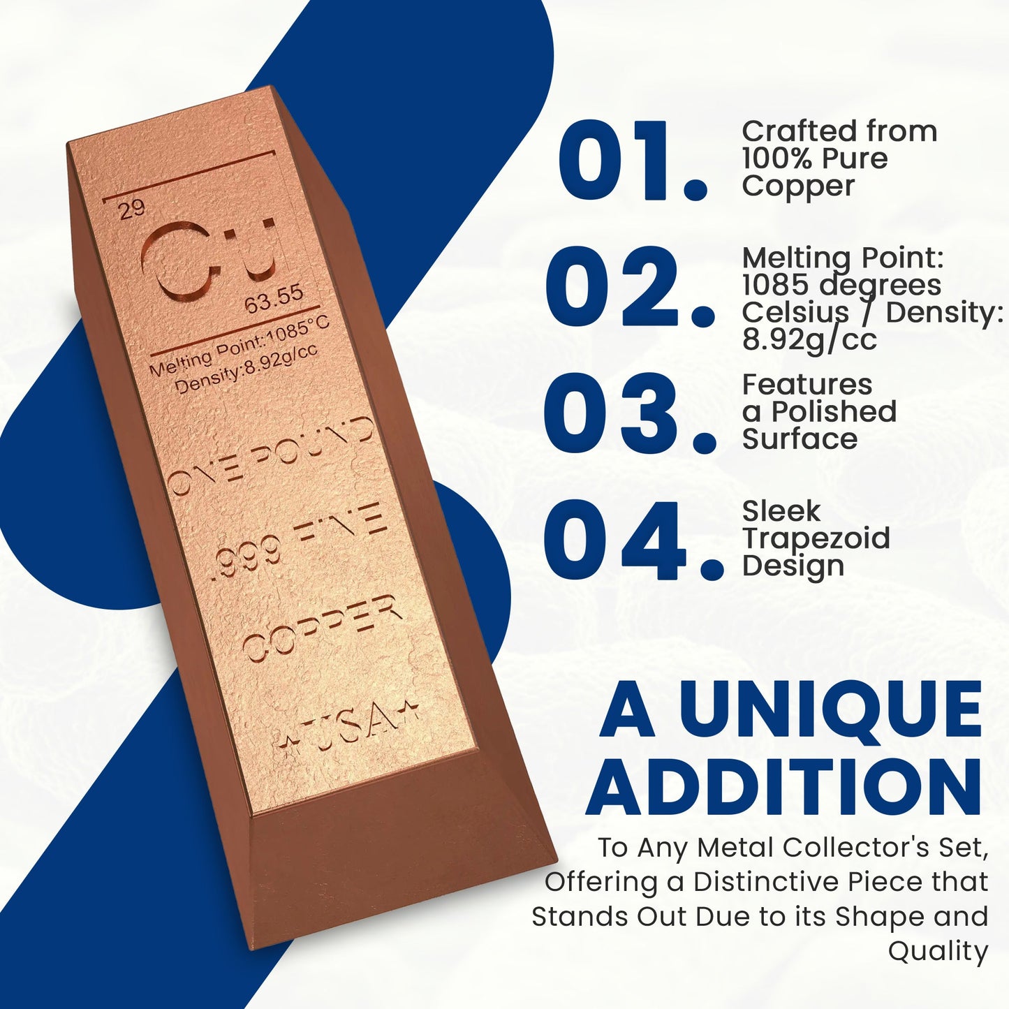 1 Pound Copper Bullion Bar Ingot Paperweight - 999 Pure Chemistry Element Design with Certificate of Authenticity