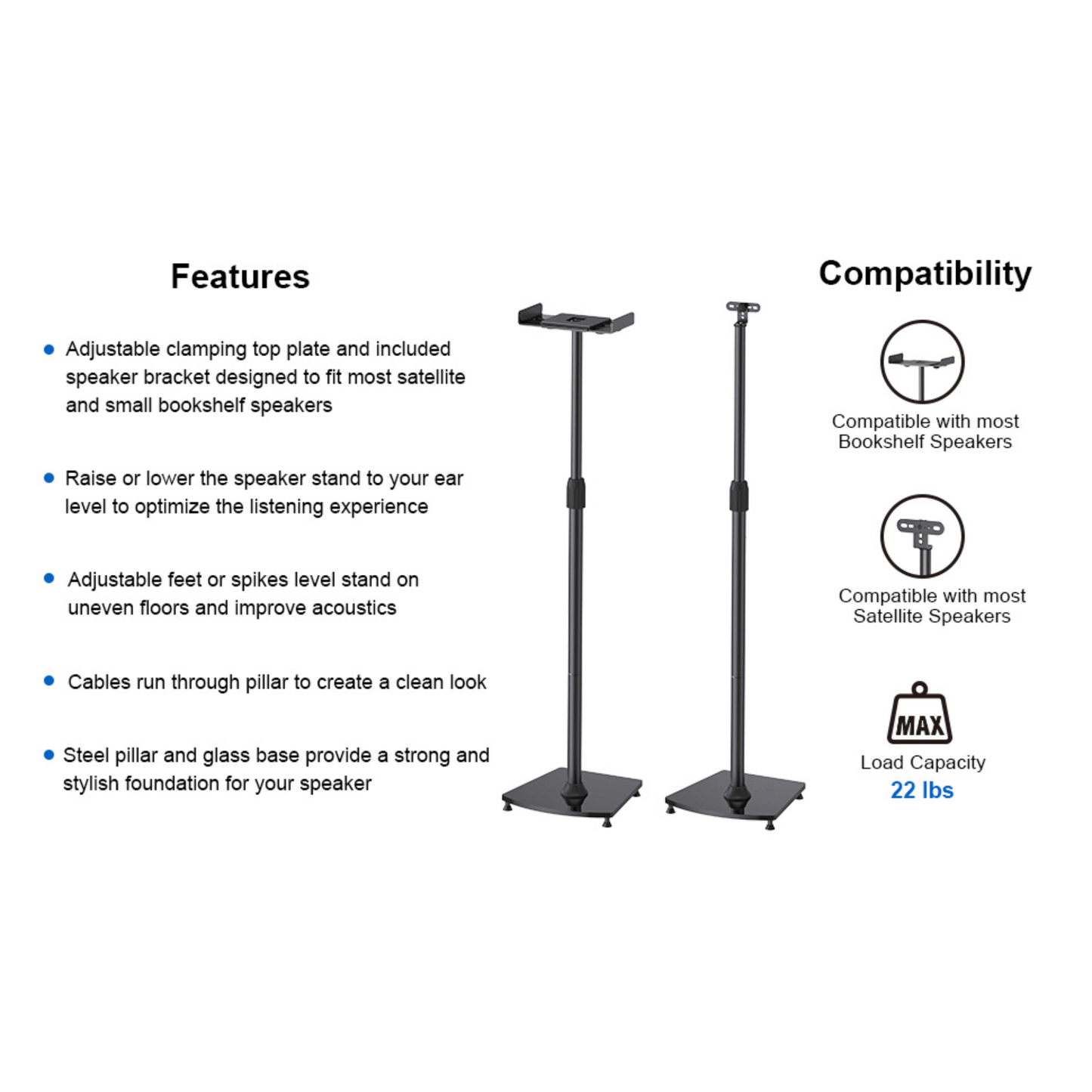 ErgoAV 1-Pair Adjustable Height Bookshelf Speaker Stands