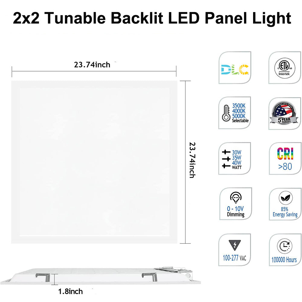 2x2 Back-Lit LED Flat Panel Ceiling Light, 30W 35W 40W Watt Tunable CCT 3500K 4000K 5000K Rotatable 0-10V Dimmable ETL DLC Listed 4-Pack