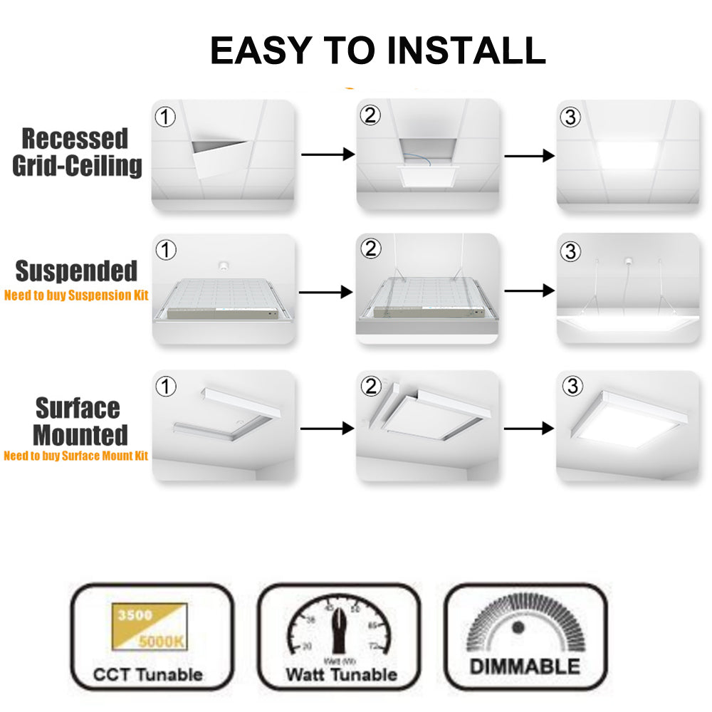 2x4 LED Backlit Panel Light, 30W 40W 50W 60W 72W Tunable, 3000K 3500K 4000K 5000K 6500K CCT Rotatable, Dimmable Drop Ceiling Lights DLC Listed-4 Pack