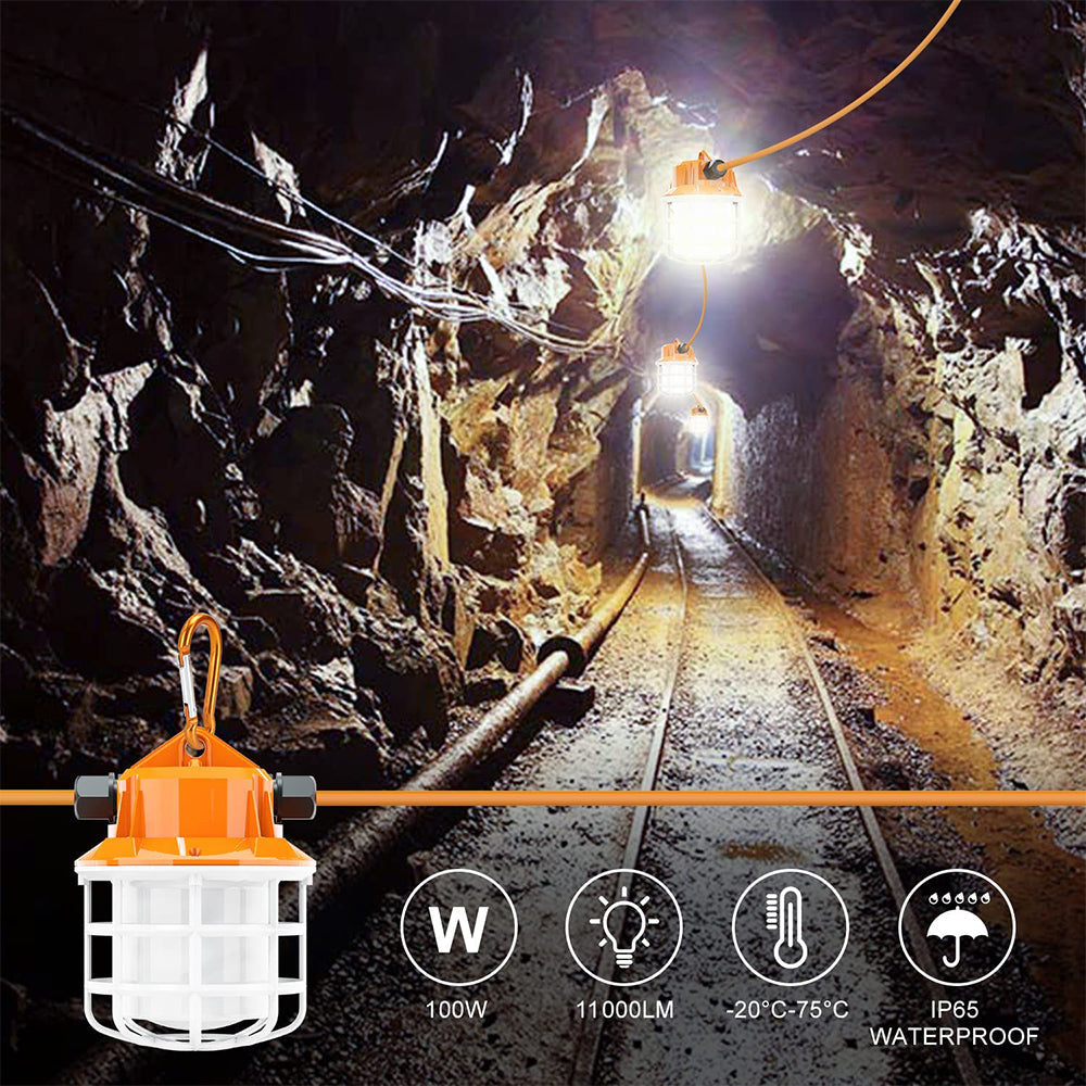 100FT LED Work String Lights, 100W 10000LM 5000K AC100-277V Industrial Grade Construction String Light for Jobsite with 10 Bulbs & Hooks, ETL Listed