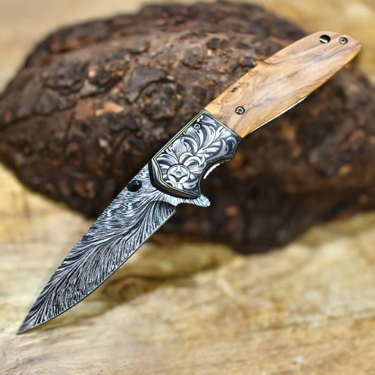 Vertex Damascus Pattern Pocket Knife with Exotic Olive Wood Handle